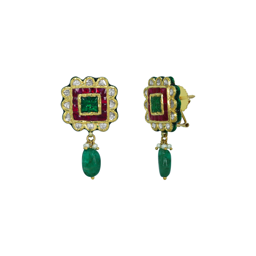 Square Emerald Earrings with Ruby talafs and Emerald Drops